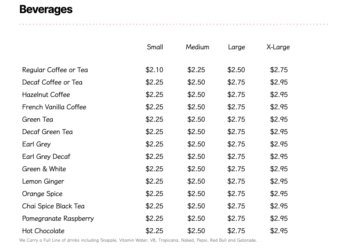Menu Plaza Bagel & Deli